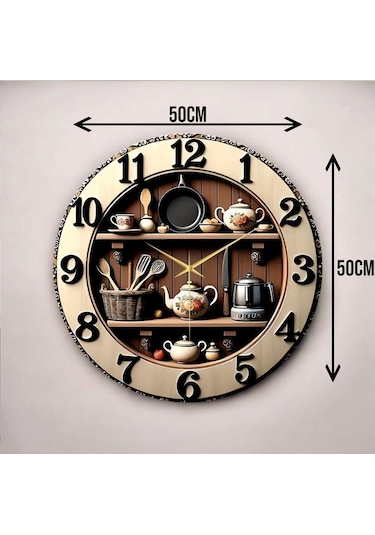 Mutfak Rafı Kabartma Görünümlü Renkli Baskı Desenli Sayılı Hediyelik Ahşap Sessiz Duvar Saati 50cm ÇOk Renkli