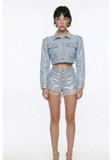 Holly Lolly Özel Yapım Parlak Kaplamalı Glossy Jean Şort Mavi