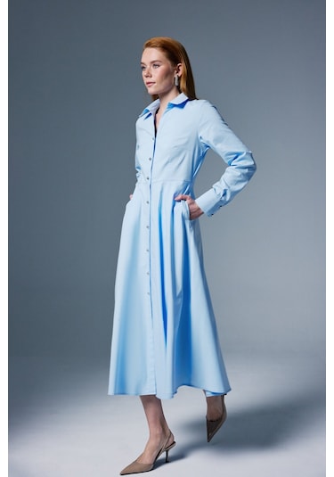 Sateen Uzun Düğme Detaylı Elbise - Mavi-137084 Mavi