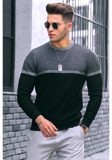 Madmext Siyah Renk Bloklu Erkek Kazak 4734 Siyah