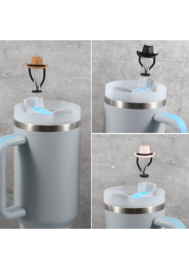 Neevoyu Stanley Bardak Uyumlu 30-40 Oz Silikon Pipet Kapağı - Köylü Şapka Desenli, Yeniden Kullanılabilir, Çocuk Dost, Beyaz Tek Adet