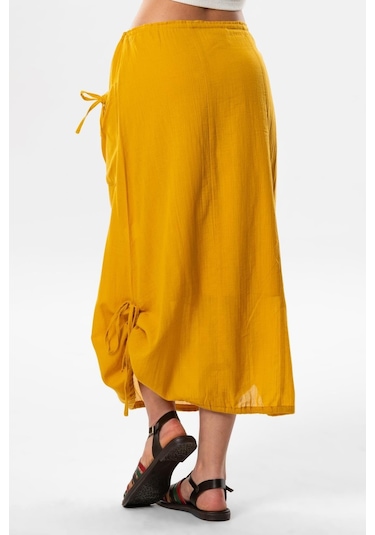 Gökşen Vual Bağlama Ve Lastik Detay Midi Boy Yazlık Otantik Etek Hardal Hrd-hardal Hardal