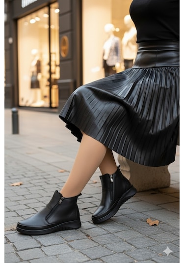 Muggo Feniks Hakiki Deri Çift Fermuarlı Kadın Bot Siyah