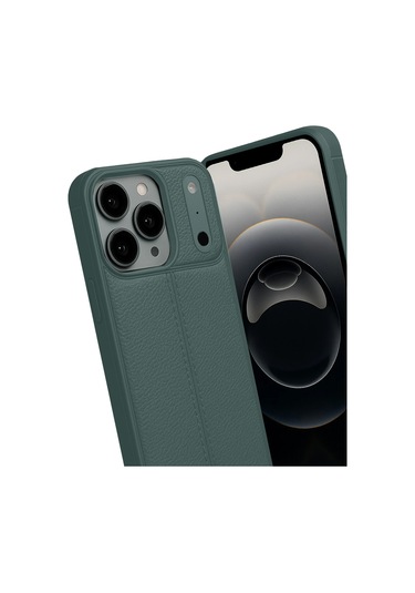 İphone Uyumlu 17 Pro Max Kılıf Focus Deri Desen Silikon Arka Kapak Koyu Yeşil