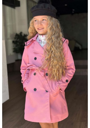 Riccotarz Kız Çocuk Üzeri Dantel İşlemeli Elbise Çift Cep Detaylı Kemerli Pembe Trençkot Pembe