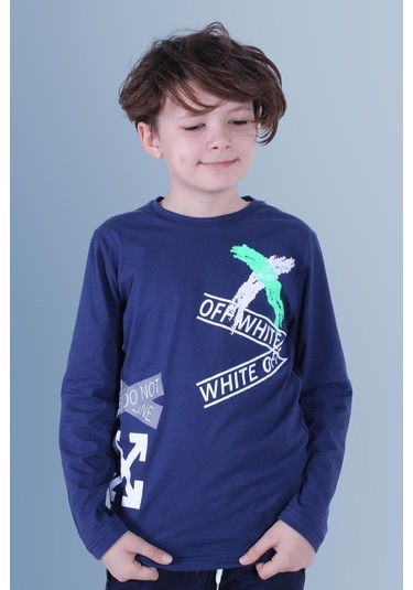 X Baskılı Uzun Kollu Erkek Çocuk Lacivert Sweatshirt Lacivert