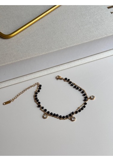 Siyah Boncuklu Sallantılı Taşlı Altın Kaplama Bileklik Altın