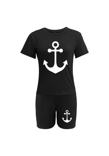 Gülsüm Aydın Kadın Kısa Kollu Çapa Baskılı Viskon Ikili Takım Siyah