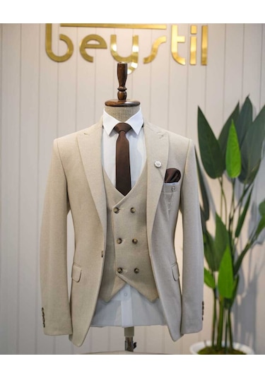 Beystil Sivri Yaka Krem Takım Elbise Elanor- Slim Fit Ekru