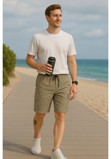 Küf Yeşili Kargo Cepli Paraşüt Kumaş Erkek Şort-1806 Küf Yeşili