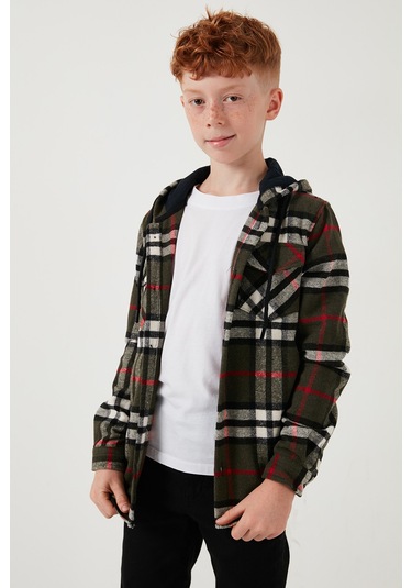 Lela Kapüşonlu Çift Cepli Ekoseli Oduncu Erkek Çocuk Gömlek Cf25W81786 Haki