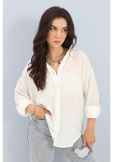 Gömlek Dantel Detaylı Keten - Ekru-ekru Ekru