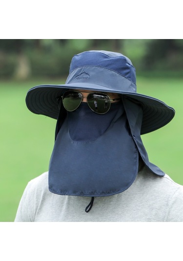 Çıkarılabilir Boyun Koruyucu Ve Yüz Siperli Geniş Kenarlı Güneşlikli Şapka Mavi