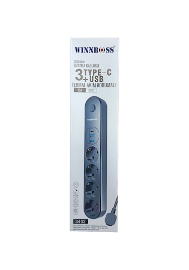 Winnboss 4'lü Priz 3'lü Usb Girişli Çoklu Uzatma Kablosu Şarj İstasyonu Akım Korumalı Anahtarlı 0.2 M