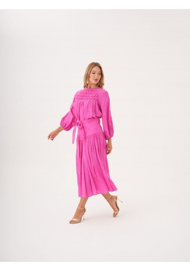 Büzgü Detaylı Kuşaklı Viskon Ve Keten Karışımlı Bluz FUŞYA