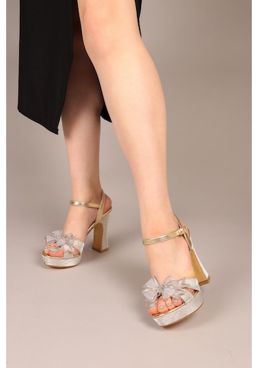 Birikon Twink Fiyonklu Platform Topuklu Ayakkabı Gold-8062 Gold Altın