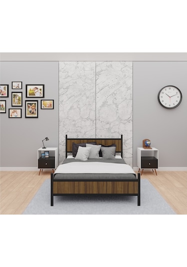 Gm 305 Modern Çift Kişilik Ahşap Metal Siyah Ceviz Karyola 150x200