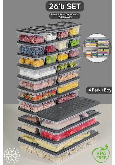 Mikrodalga Ve Difrize Uygun Saklama Kabı 26'lı Antrasit 2 x 2400 ML + 4 x 1170 ML + 8 x 600 ML + 12 x 240 ML Antrasit