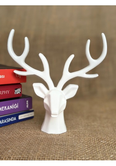Geyik Heykeli, Büst, Beyaz Renkli El Yapımı Dekoratif Obje, Ev Dekoru