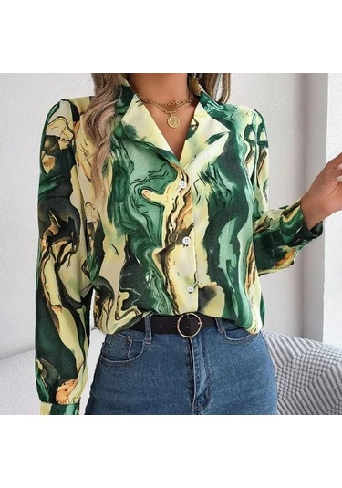 Ofis Kadın Rahat Moda Kontrast Renk Baskı Bluz Kadın Uzun Kollu Sonbahar Kış Zarif Çentikli Gömlek Elbise Tops 28621 Yeşil