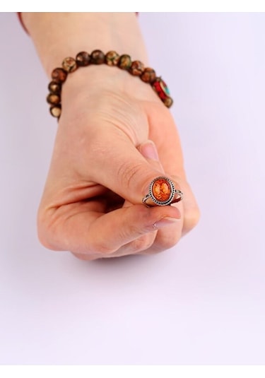 Doğal Taşlı Kehribar Ayarlanabilir Yüzük Orta Boy