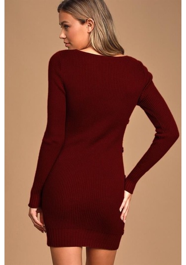 Kadın Geniş Yaka Uzun Kol Yandan Düğme Detaylı Bordo Triko Elbise Bordo