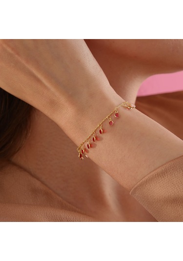 925 Ayar Gümüş Ful Sallantılı Kırmızı Renk Geçişli Bileklik Altın