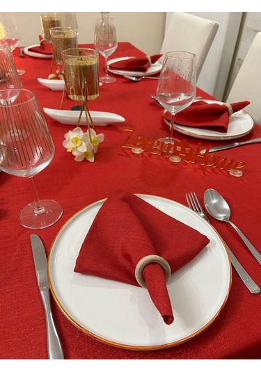 Polyester Keten Simli Masa Örtüsü Kırmızı