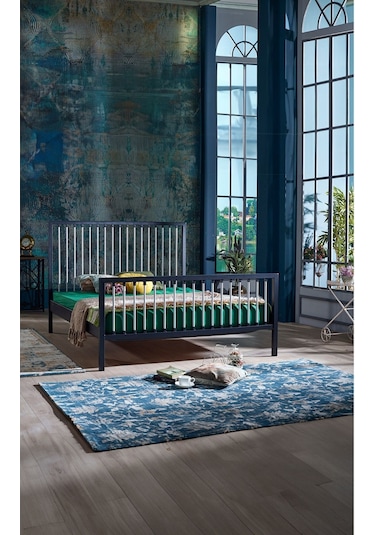 Breeze Çift Kişilik Ferforje Metal Karyola Siyah-gri Ahşap Latalı