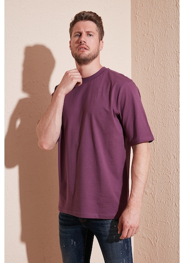 Buratti Pamuklu Oversize Bisiklet Yaka Basic Erkek T Shirt 5902365 Mürdüm