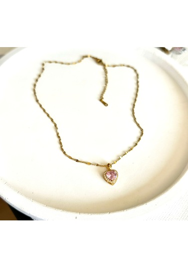 Kadın Çelik Kolye Zirkon Taş Yıldız Zincir Kalp Kararmaz Kolye Pembe