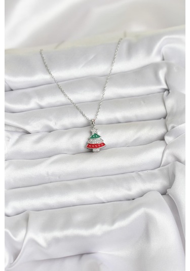 316l Çelik Zincir Gümüş Ren Çam Ağacı Model Zirkon Taşlı Yılbaşı Temalı Kadın Kolye - Tj-bko10711 Gümüş