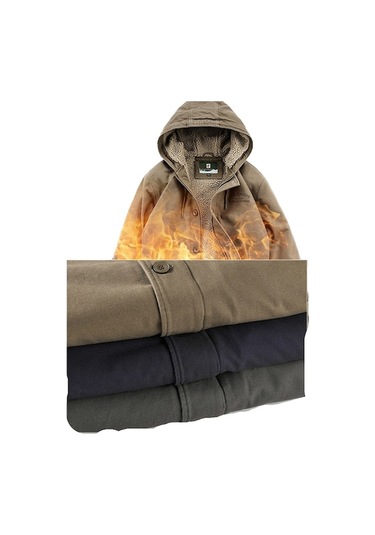 Yingfu Kışlık Erkek Gündelik Kalın Sıcak Kapüşonlu Ceket Kaban Haki Haki