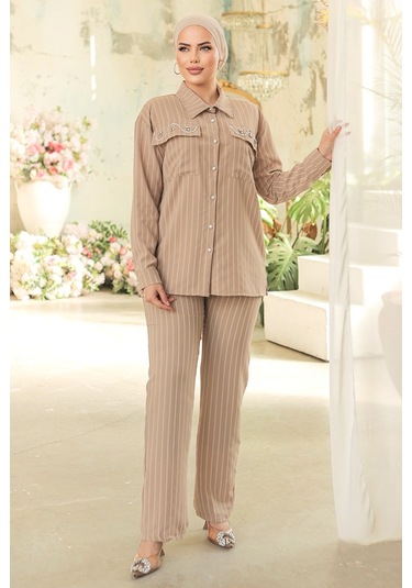 Taşlı Keten Tunik Pantolon İkili Takım 834 - Taş