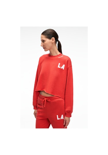 DELYRA Kadın Bisiklet Yaka Rahat Kesim Nakış Detaylı Kırmızı Sweatshirt