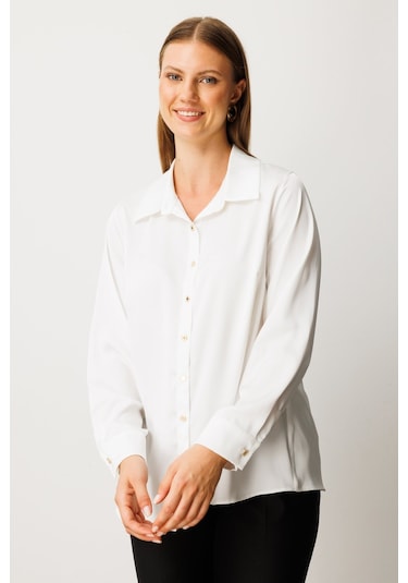 Ekol Kadın Büyük Beden Düğmeli Saten Gömlek 3505 Ekru Ekru