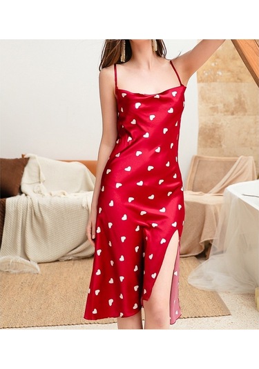 Sones Yaz Aşk-kalp Desenli Gecelik Taklit İpek Uzun Askılı Elbise Bayanlar İçin Kırmızı