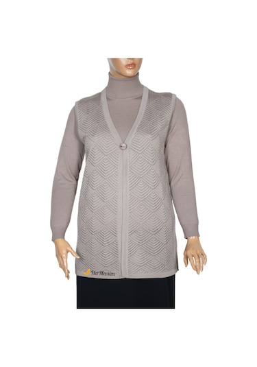 Hesna Kadın Taçlı Triko Ajurlu Broşlu Yelek Taş Beji Bej