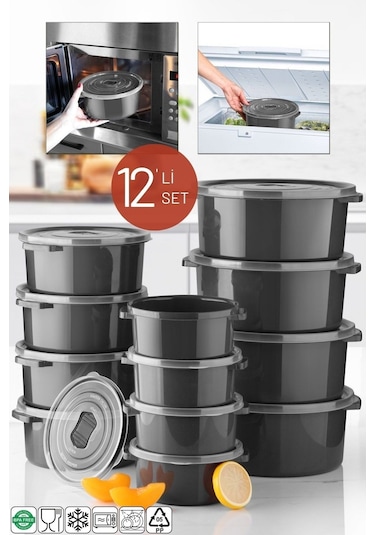 Nandy Home Mikrodalga Difrizde Kullanılabilen Saklama Kabı Seti Yuvarlak 12'Li Antrasit