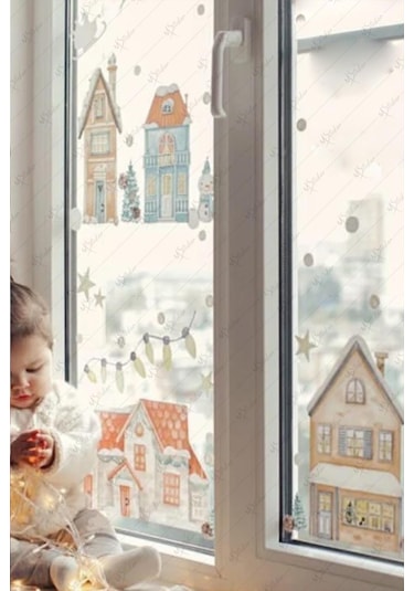 MSticker Yılbaşı Çift Yön Görünümlü Şeffaf Karlı Şehir Yeni Yıl Çocuk Bebek Odası Sticker Seti