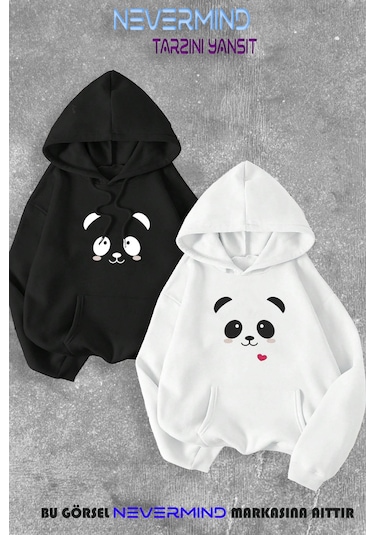 Sevgili Çift Kombini Panda Baskılı Kapüşonlu Sweatshirt 2li Set T Beyaz-Siyah