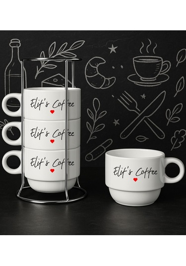 Bk Gift Kişiye Özel Standlı 4lü Fincan Seti-1 , Yeni Ev Hediyesi, Arkadaşa Hediye Kobitmeyencom33991 Bk Gift Renkli