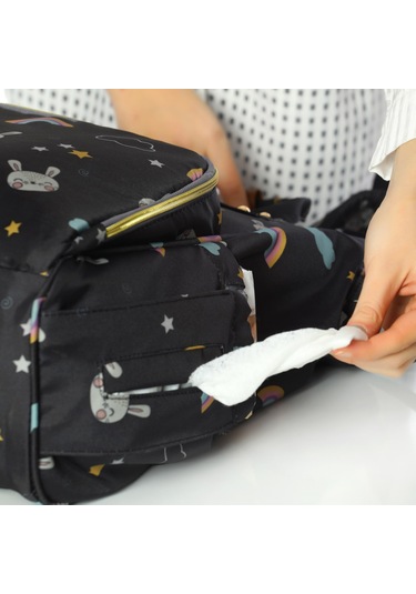 Lal Baby Tavşan Desenli Anne Bebek Bakım Sırt Çantası Siyah
