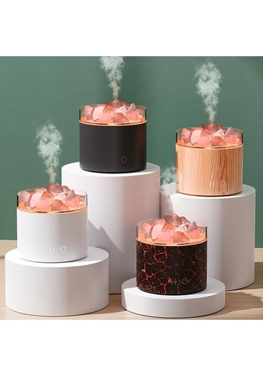 Techbloom Beyaz Renkli Yaratıcı Tuz Taşı Aromaterapi Makinesi Renkli Alev Gece Lambası Sesli Nemlendirme Büyük Su Tanklı