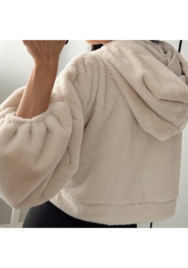 Kadın Crop Boy Yumuşacık Balon Uzun Kol Kapüşonlu Şık Kısa Sweatshirt Bej