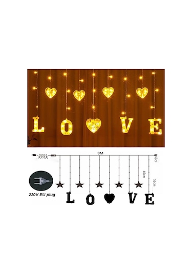 Kalp Love Günışığı Yılbaşı Parti Dekorasyon Işıklandırmaları, Saçak Perde Led Işık, Noel Süsleri Gün Işığı - Sarı