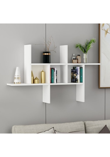 Madagaskar Duvar Rafı – Asimetrik Tasarım, Duvara Monte Dekoratif Kitaplık - Beyaz