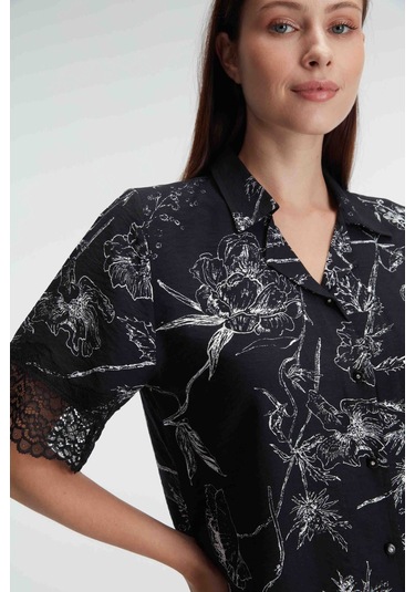 Man9895-1002 Anıl Ev Giyim Anıl 9895 Yarım Kollu V Yaka Kadın Viskon Çiçek Desenli Yazlık Dokuma Dan Siyah