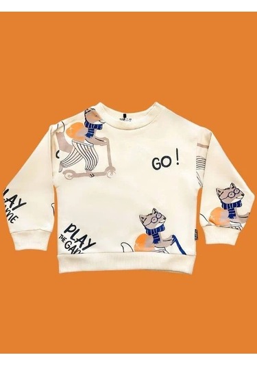 Erkek Çocuk Go Yazılı Sweatshirt-14665 Krem