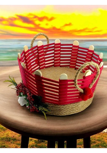 Hasır Sepet Çok Amaçlı Organizer Takı Kutusu Komodin Banyo Kullanımı Kırmızı